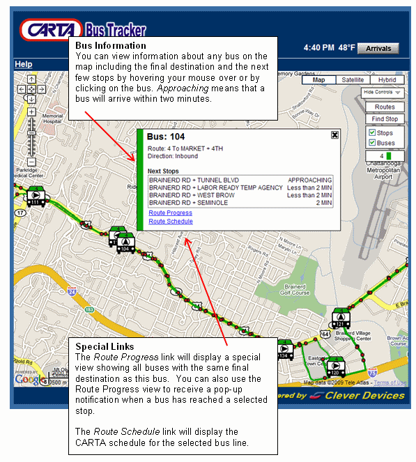 Bus Information - You can view information about any bus on the map including the final destination and the next few stops by clicking on the bus. Special Links - The Route Progress link will display a special view showing all buses with the same final destination as this bus.  You can also use that view to receive a pop-up notification when a bus has reached a selected stop. The Route Schedule link will display the RD Transit schedule for the selected bus line.